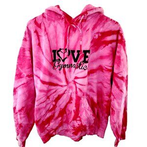 Womens Pink Tie Dye Hoodie‎ Sweatshirt M Love Gymnastics Boho Hippie Athleisure